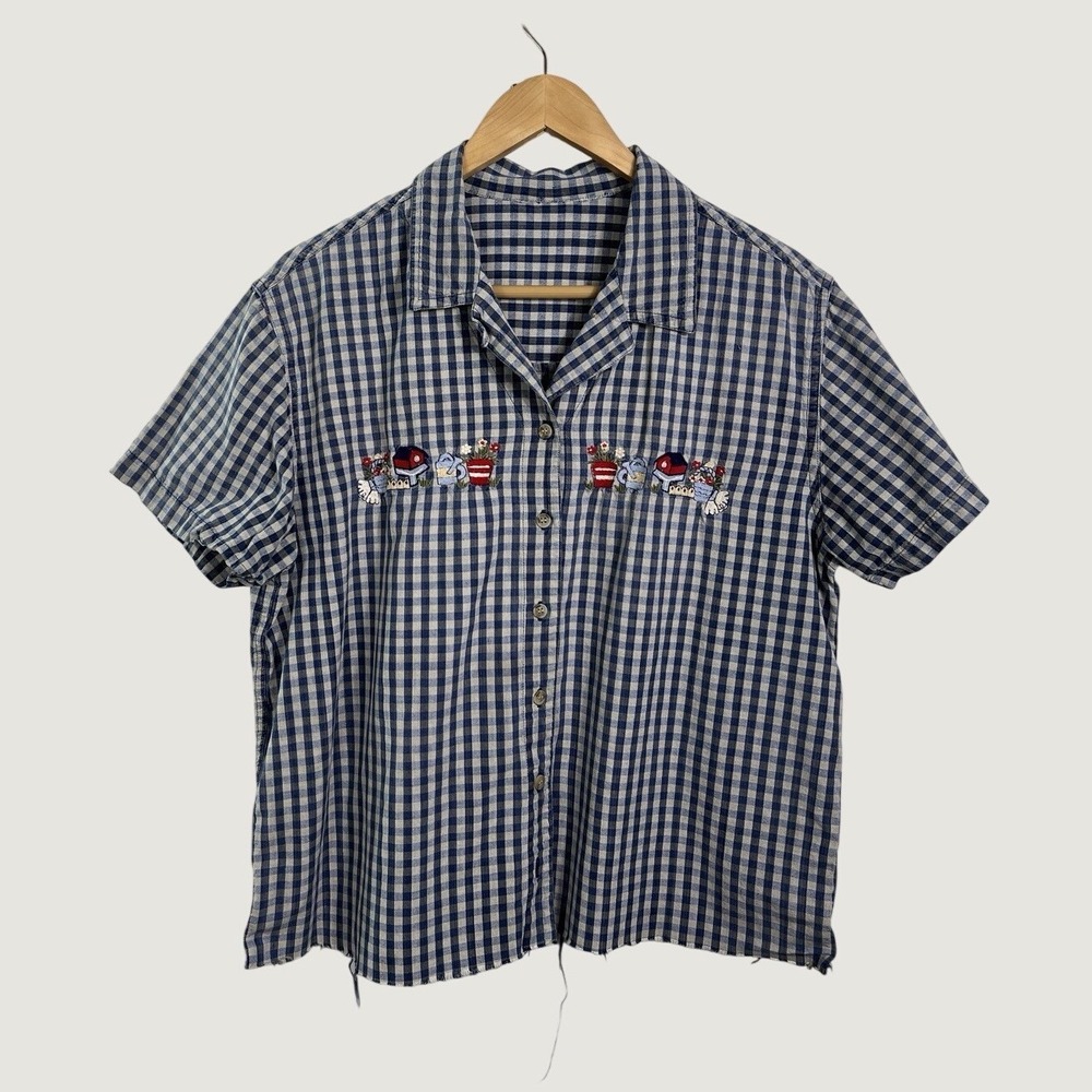 Womens Shirt Unbranded L Blue Gingham Embroidered Garden Raw Hem Button Up Top